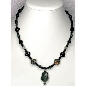 18" Necklace Natural Stone Beads Pendant Silver Clasp Onyx Moss Agate Ocean Jasp
